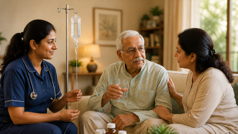 Nurse with IV drip and oral medication at home