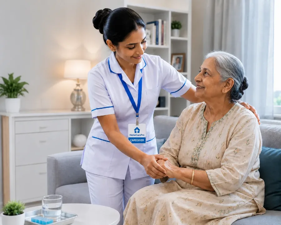 HomeCarePro caregiver with elderly patient at home in Gurgaon
