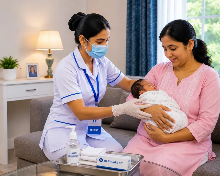 HomeCarePro nurse assisting mother with newborn baby at home