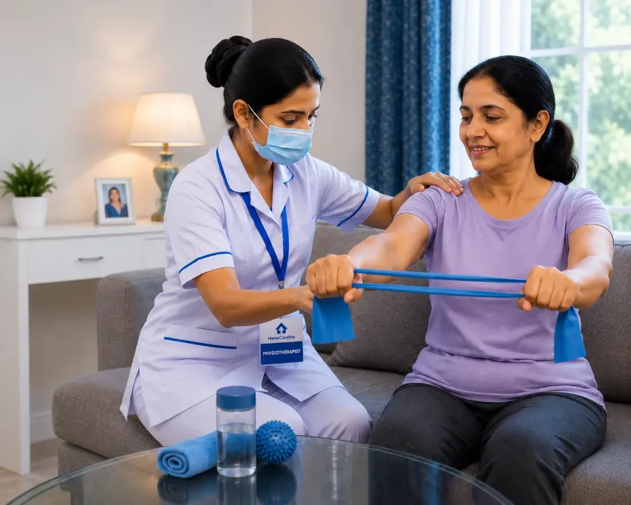 HomeCarePro physiotherapist guiding patient with resistance band at home