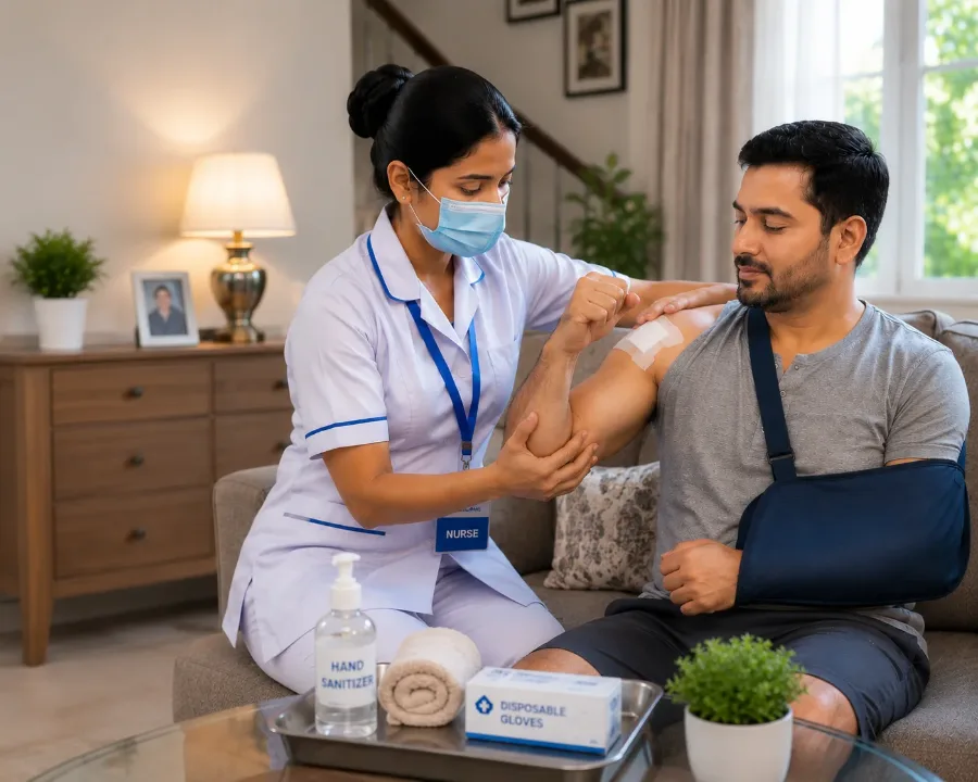 HomeCarePro nurse applying wound dressing to post-surgery patient at home